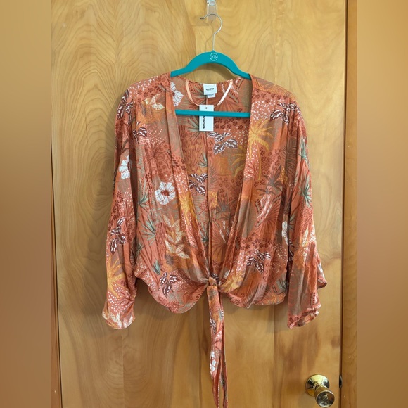 Sonoma Sweaters - Sonoma Orange Pink 3/4 Sleeve Crop Tie Front Shaw